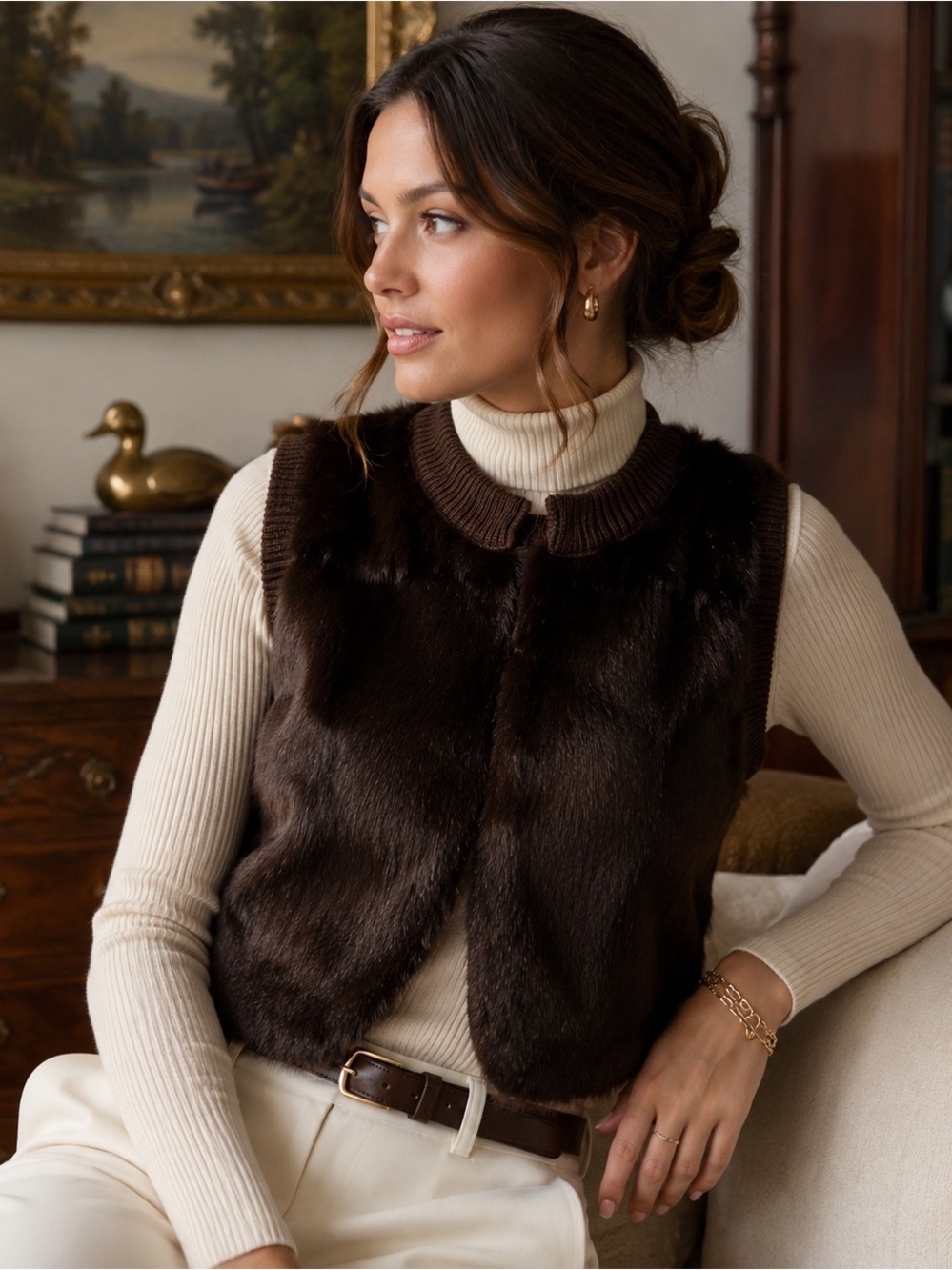 Qi Wool knit Rabbit Fur Sweater Vest Brown Cropped Hook Front Size Small